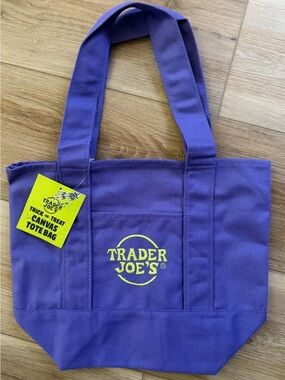 Trader Joe's Purple Canvas Small Tote Bag with Yellow Logo Halloween